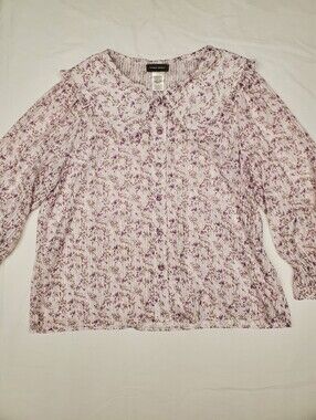 Sans Souci Purple Floral Ruffle Collar Blouse Size L Long Sleeve Shimmer